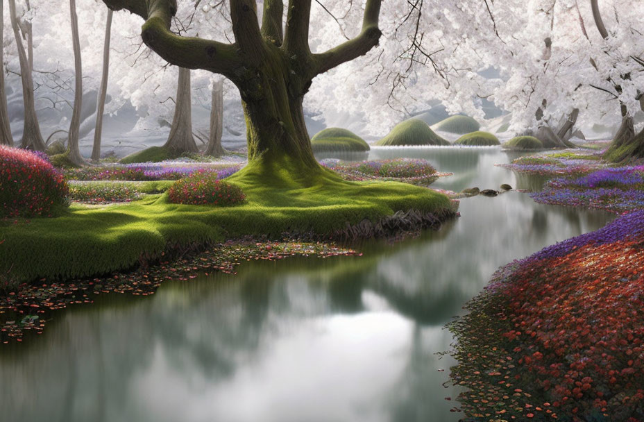 Serene river, vibrant flowers, lush greenery in ethereal landscape