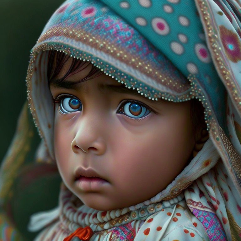 Young child with striking blue eyes in patterned hood.