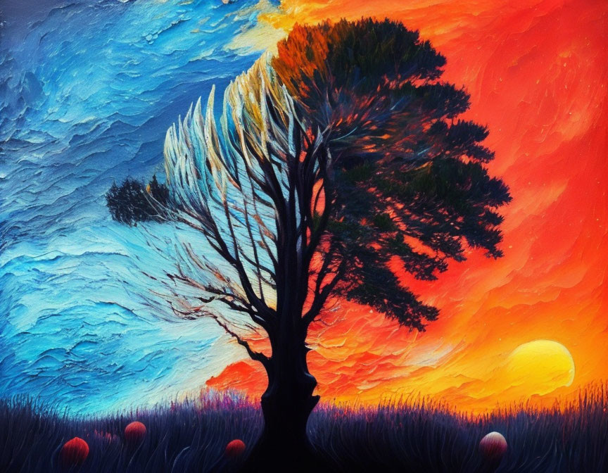 Vibrant painting of lone tree at sunset with blue to orange gradient and red orbs