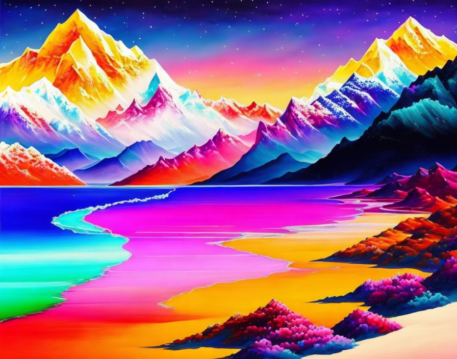 Colorful surreal landscape with snow-capped mountains and neon sky