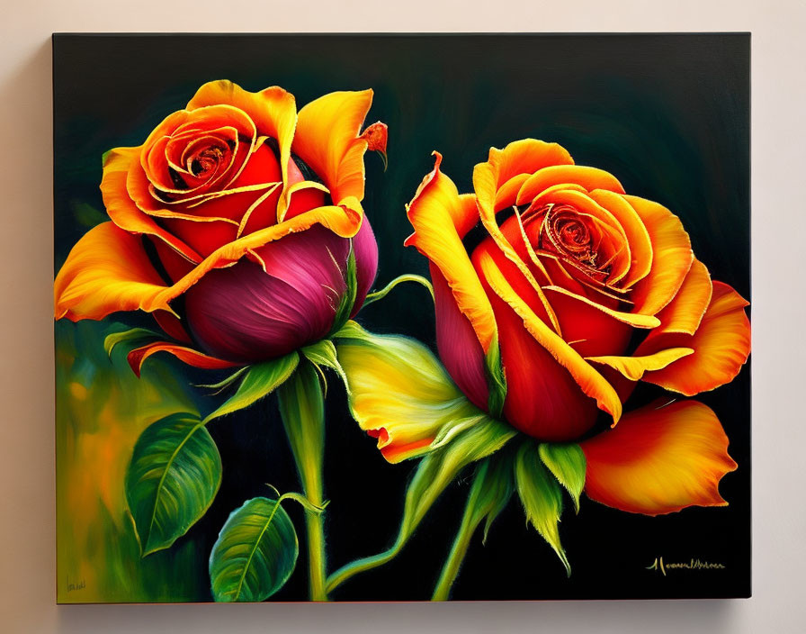 Vibrant painting of orange-yellow roses against dark background