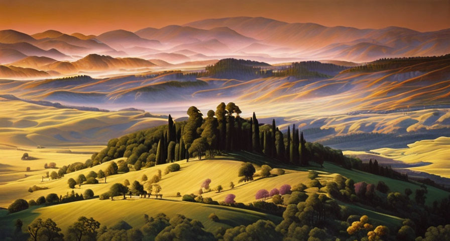 Colorful sunrise over misty rolling hills and trees: a serene landscape.