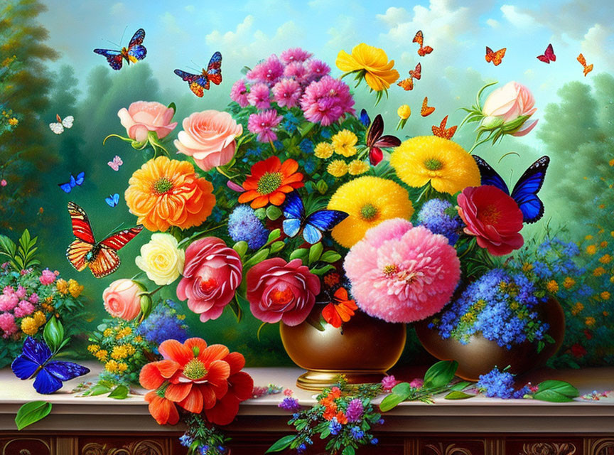 Colorful Flowers and Butterflies in Vase on Lush Background