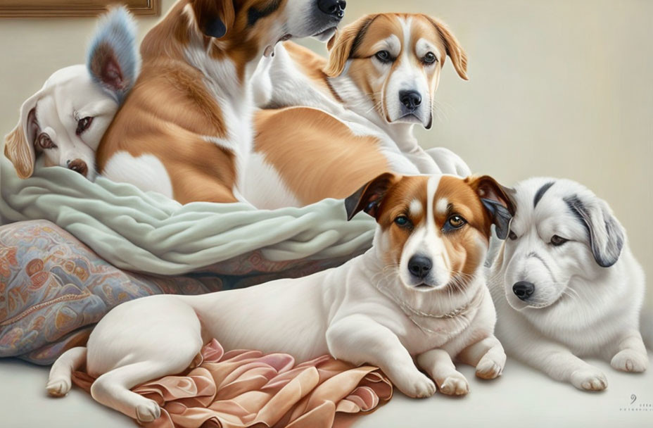 Group of dogs with different markings cuddled together on soft blanket