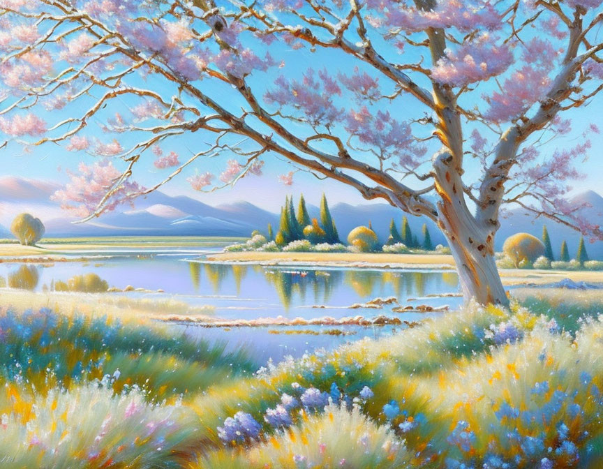 Tranquil landscape with cherry tree, lake, wildflowers & mountains