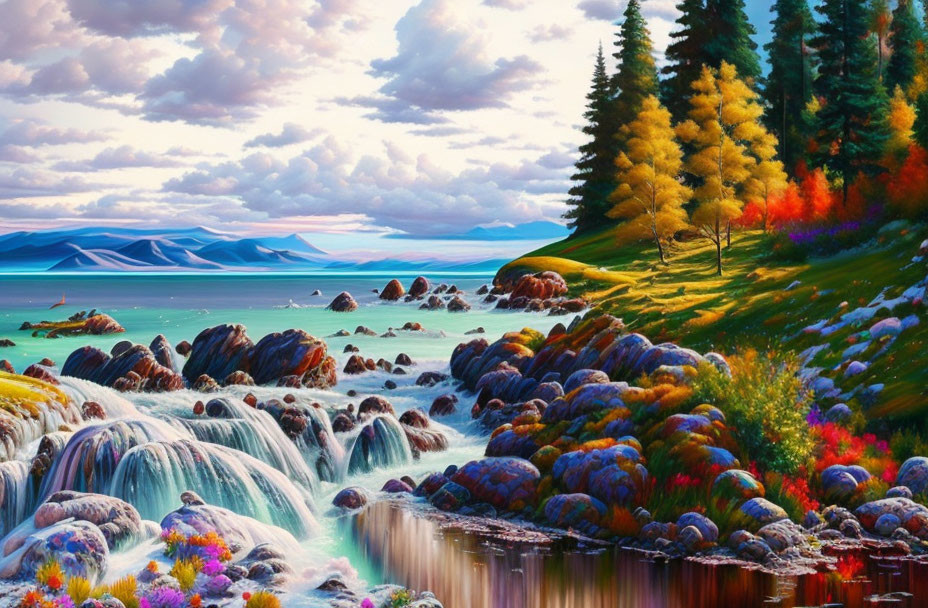 Scenic autumn landscape with waterfalls, colorful foliage, lake, and mountains