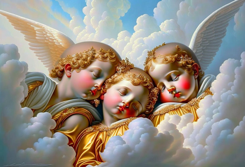 Golden-robed cherubs with delicate wings nestled in clouds.