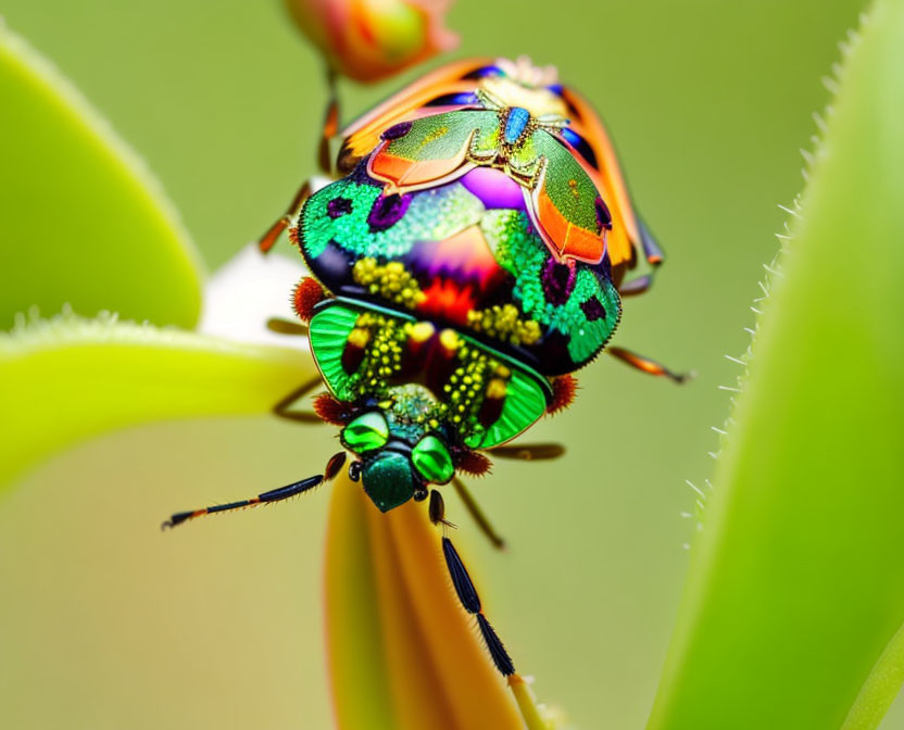 Colorful Beetle with Detailed Shell on Green Plant Stem