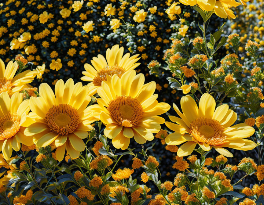 Bright Yellow Flowers Surrounded by Field of Blooms and Green Foliage