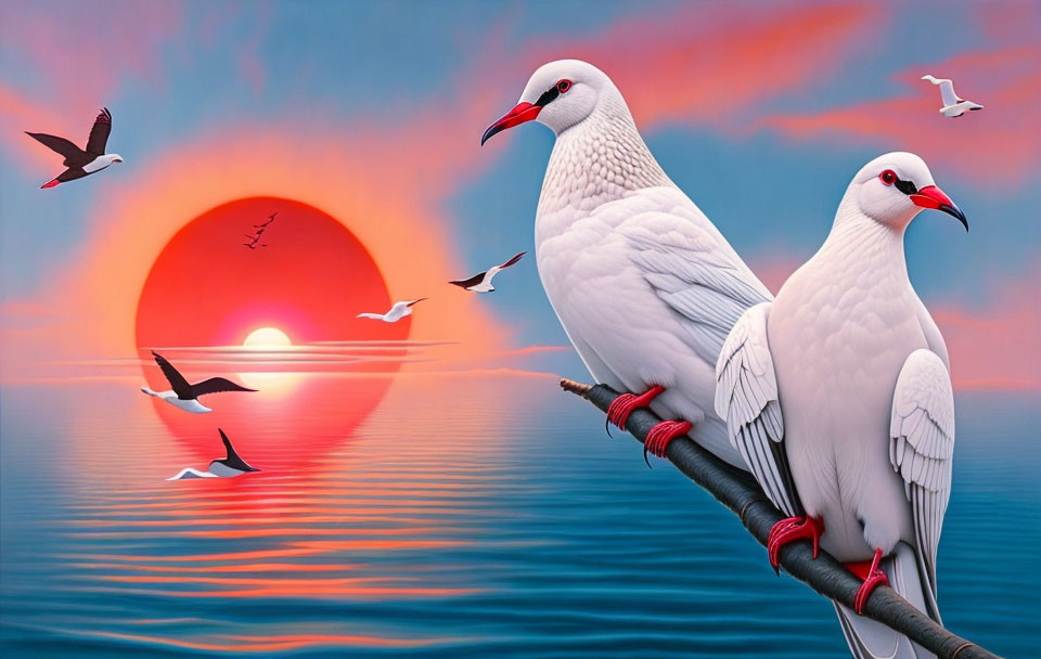 White doves on branch with ocean sunset backdrop