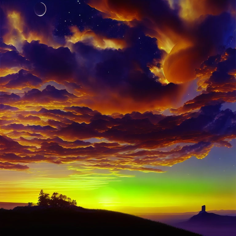 Vibrant sunset with orange clouds, crescent moon, stars, and hill silhouette