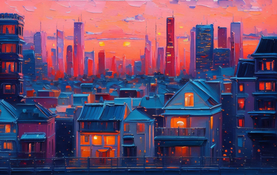 Cityscape painting: Vibrant dusk scene with illuminated buildings and pink-orange sky