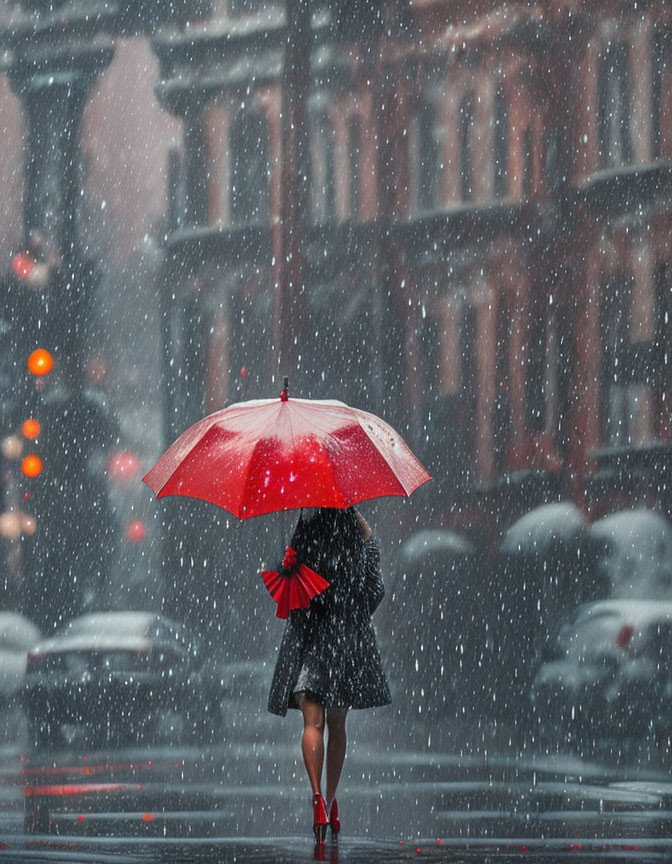 Person with red umbrella walking in rainy city street with red traffic lights and classic architecture.