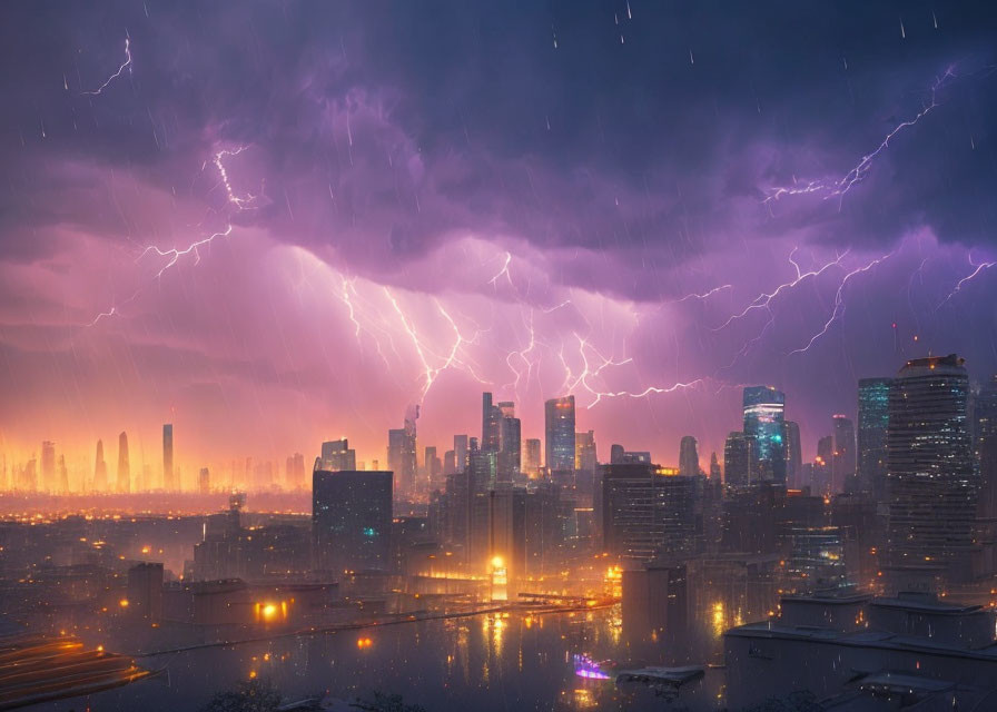 Dramatic night cityscape with lightning strikes and rain