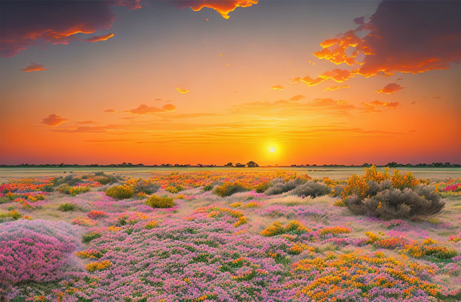 Vivid Sunset Over Tranquil Field of Wildflowers