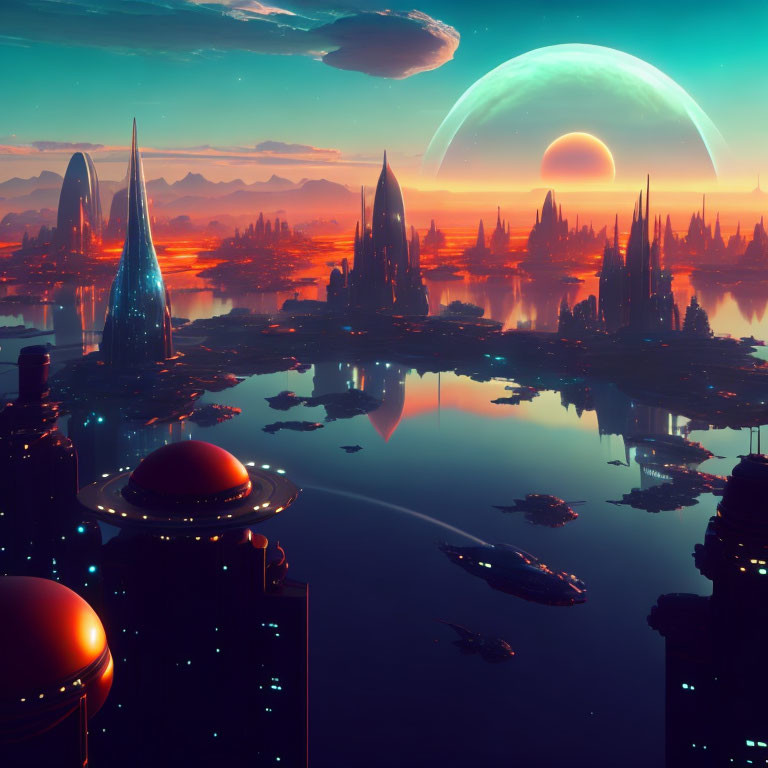 Futuristic cityscape with sleek buildings and hovering vehicles at sunset