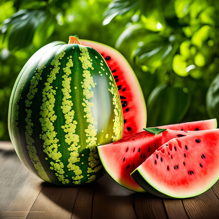 Ripe Watermelon and Sliced Piece with Red Flesh and Black Seeds