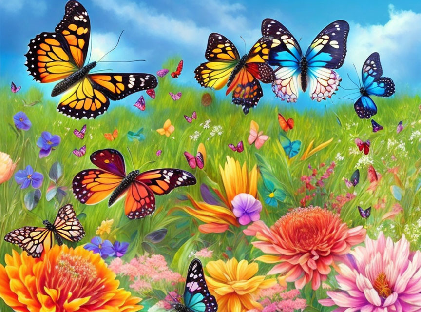 Vibrant butterflies and flowers in lush meadow under blue sky