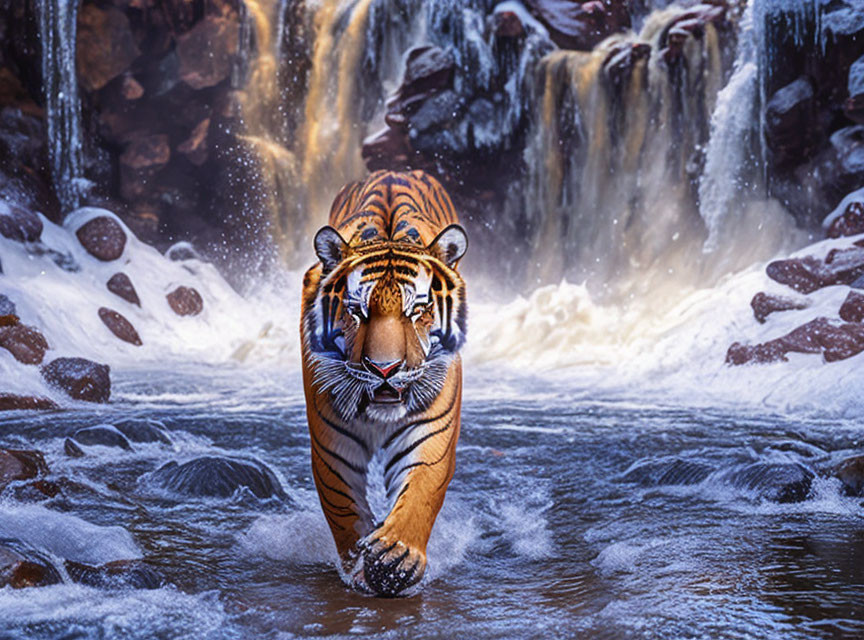 Majestic tiger in shallow stream with waterfall - dramatic scene