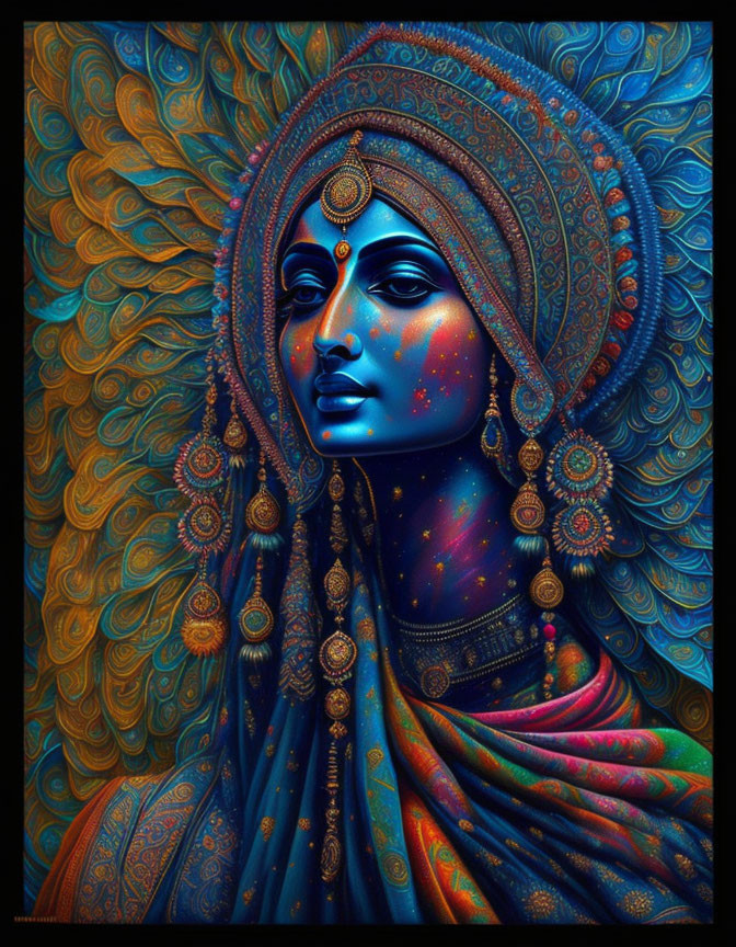 Colorful portrait of a woman with ornate headdress and cosmic makeup against peacock feather backdrop