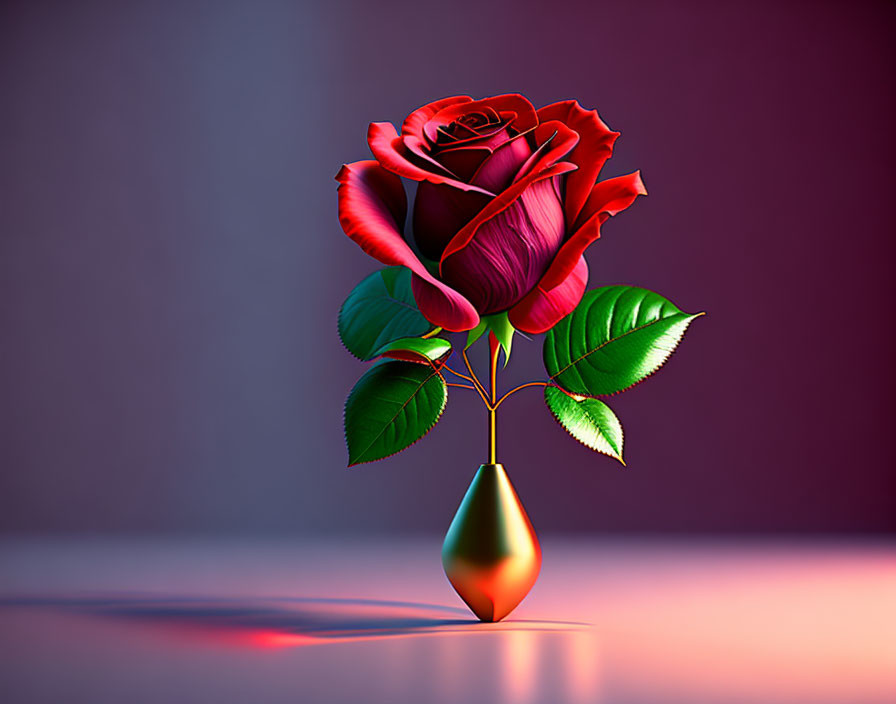 Vibrant red rose on green stem against purple backdrop