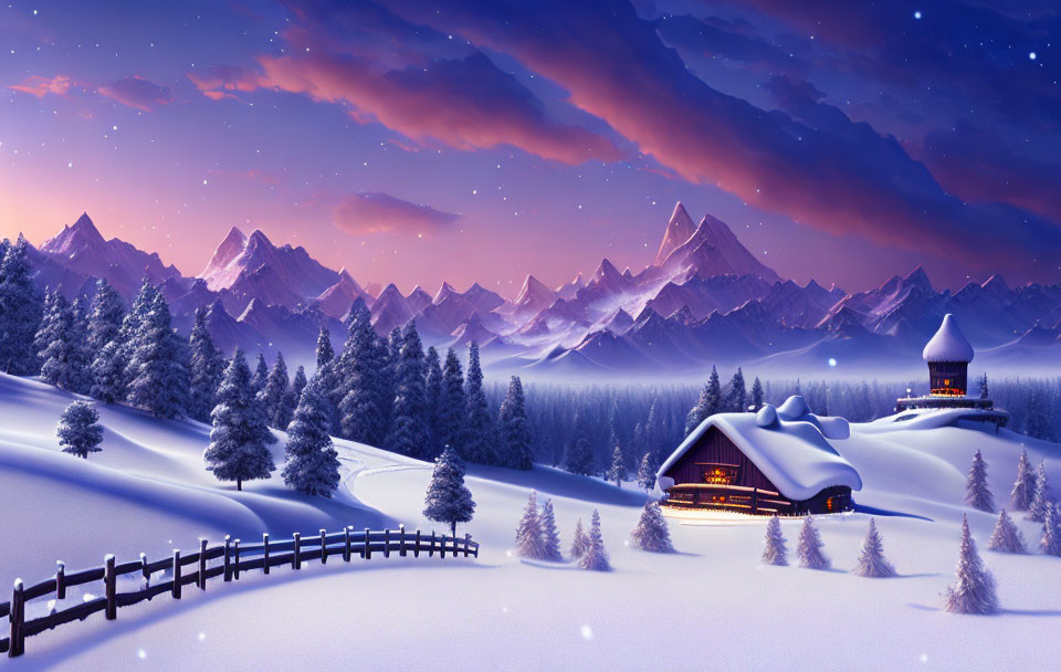 Snow-covered mountains and cozy cottage in serene winter dusk scene