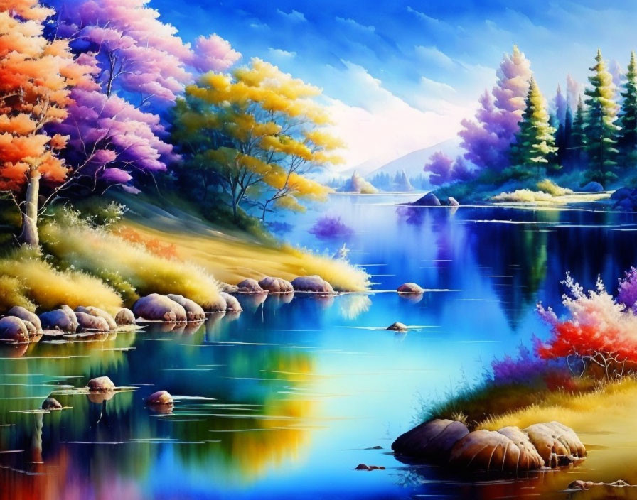 Colorful Landscape Painting: Serene Lake, Autumn Trees, Blue Sky