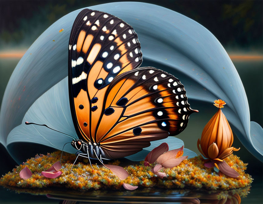 Colorful Butterfly with Orange and Black Patterned Wings on Mossy Surface