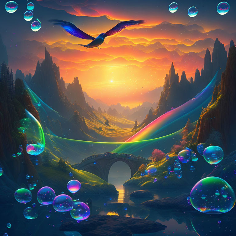 Vibrant Fantasy Landscape with Floating Bubbles and Sunset Sky