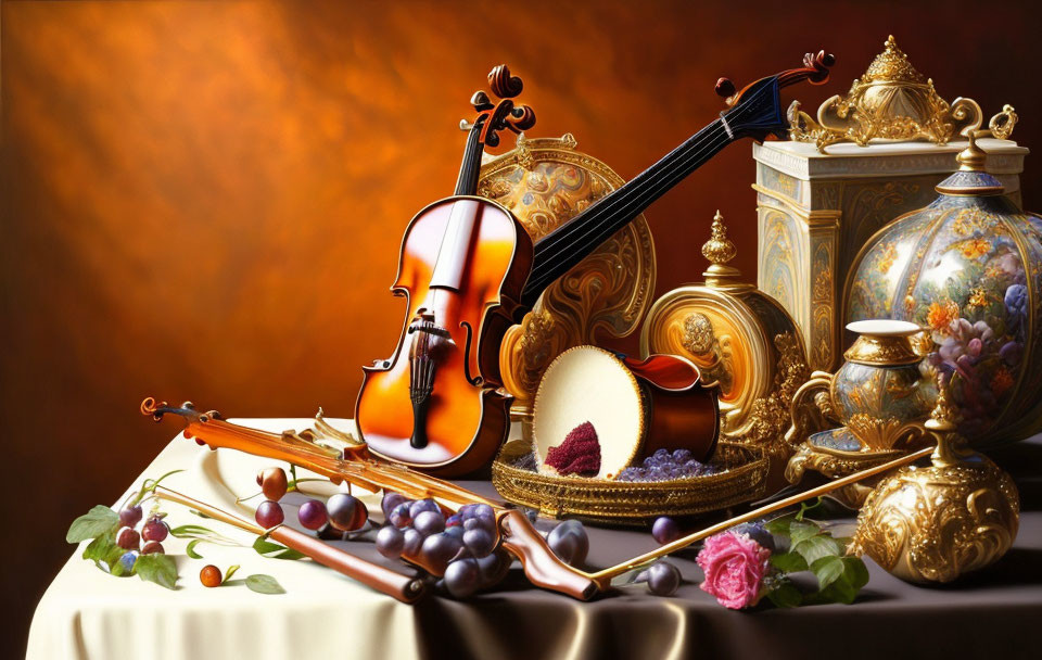 Classic Still Life with Violin, Clock, Urns, Grapes & Flower