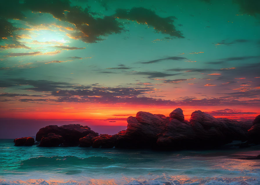 Vibrant pink and orange beach sunset with silhouetted rocks and gentle waves