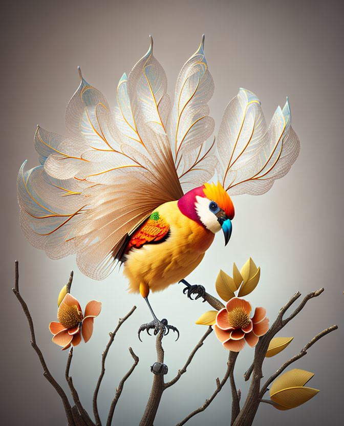 Colorful Stylized Bird Perched on Flowering Branch on Brown Background