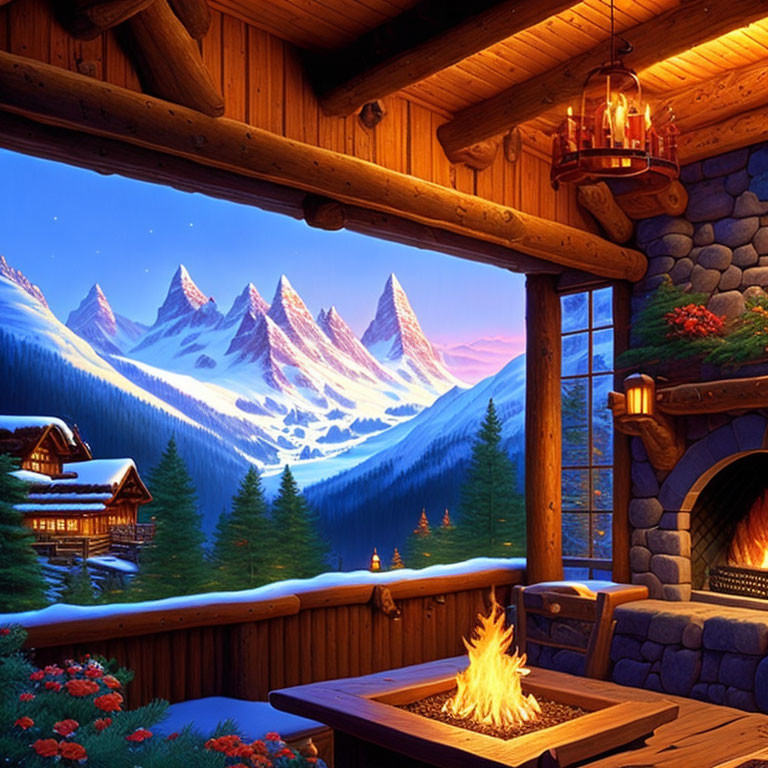 Rustic cabin interior with fireplace and snowy mountain view