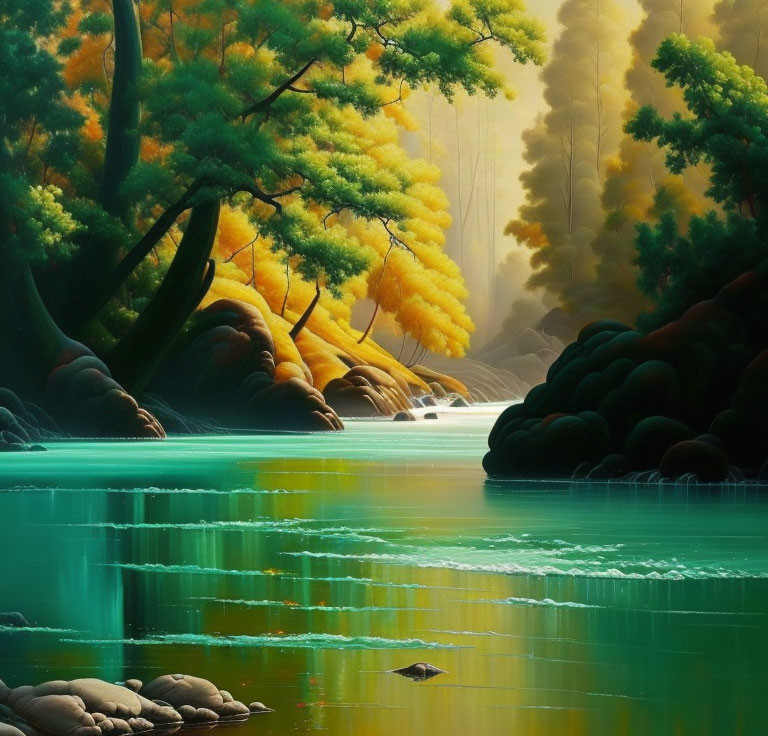 Tranquil Forest Landscape with Green and Yellow Trees, Turquoise River, Rocks, and Duck