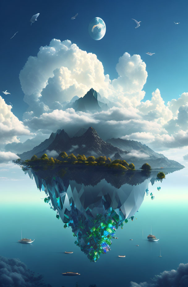 Floating island with mountain, trees, waterfalls, calm sea, boats, birds, clouds, and