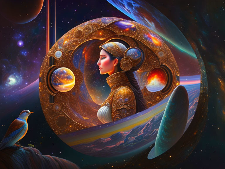 Digital art: Woman's profile with cosmic elements, planets, bird, starry space.