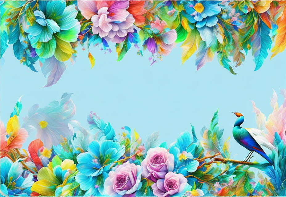 Colorful Flowers and Bird Artwork on Blue Background