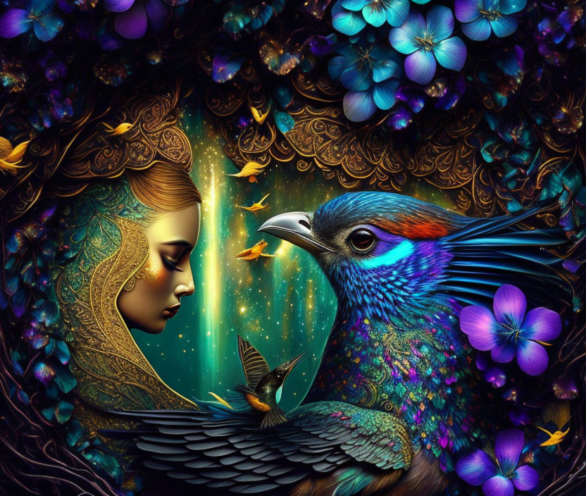 Surreal profile of woman with ornate hair, vines, flowers, and bird against starry