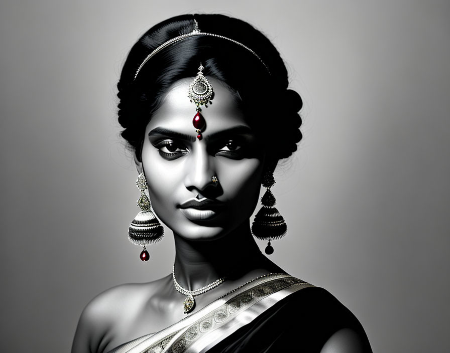 Monochrome portrait of a woman in traditional Indian jewelry