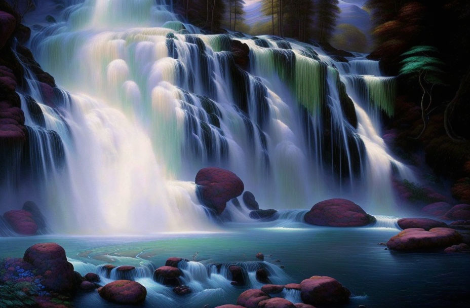 Tranquil waterfall over mossy rocks in lush forest