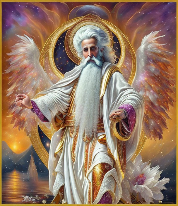 Majestic bearded figure in white and gold robes with wings and halo against cosmic backdrop