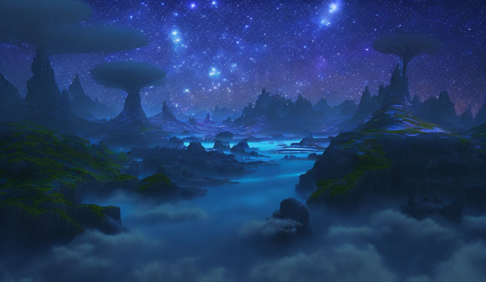 Mystical night landscape with glowing vegetation and mushroom-like structures