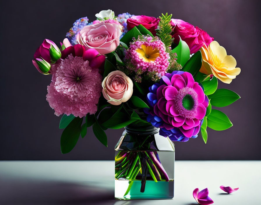 Assorted Flowers in Clear Vase on Dark Background