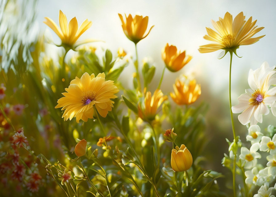 Bright Yellow and White Flowers in Sunlight with Soft-focus Background