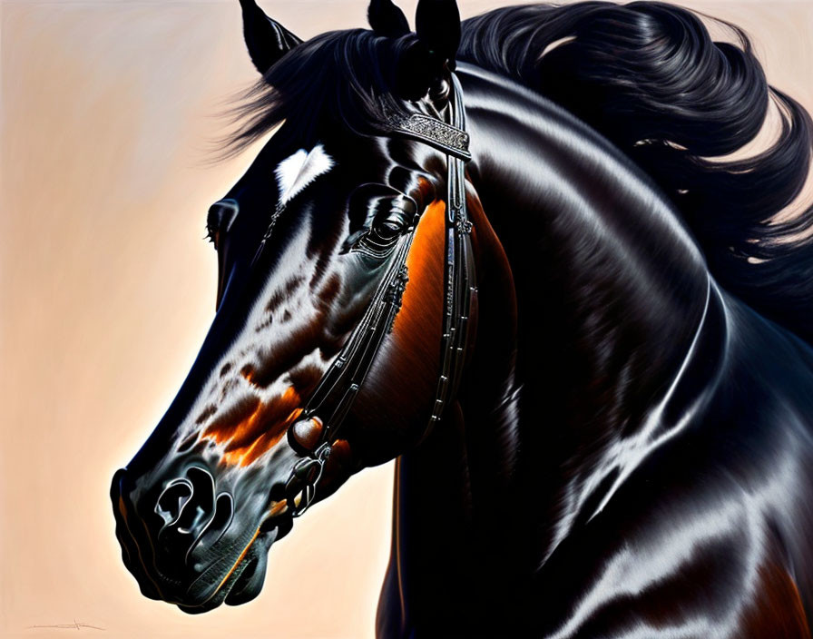 Majestic black horse with glossy coat and bridle on beige background