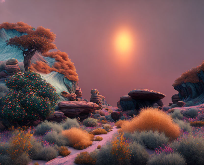 Vibrant Flora and Rock Formations in Surreal Landscape