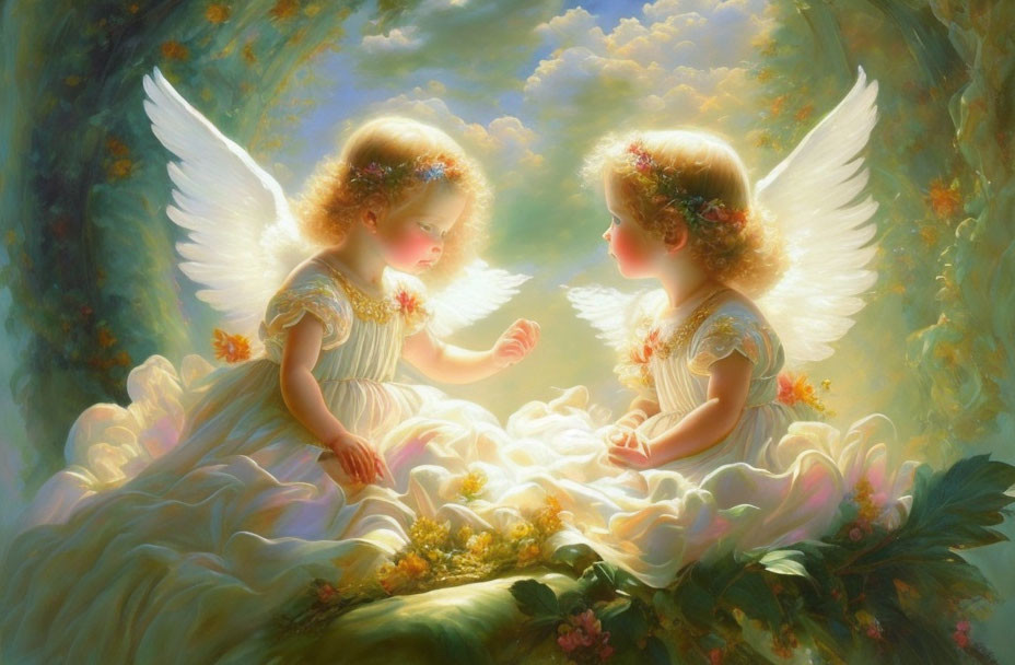 Angelic Figures with Wings in Heavenly Garden Setting