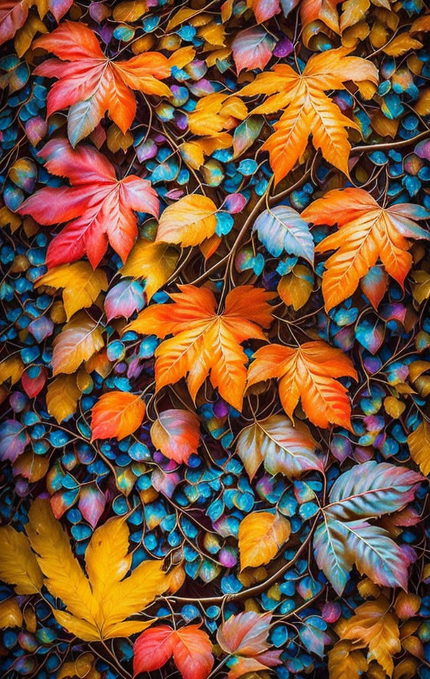 Vibrant Autumn Leaves in Orange, Red, Yellow, and Blue