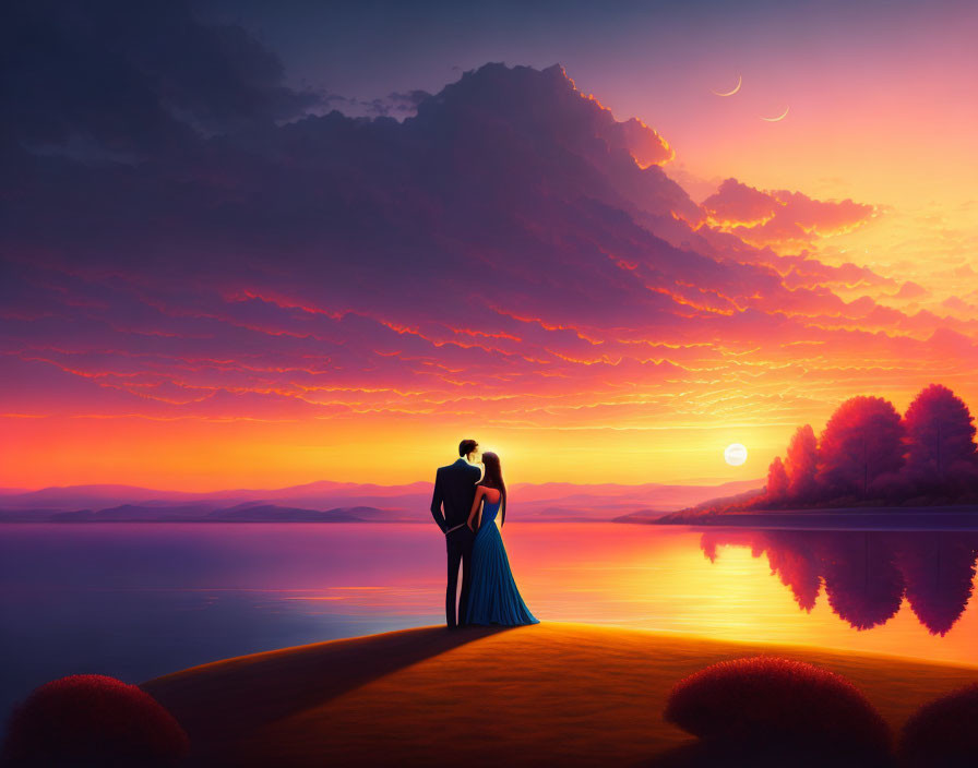 Couple standing by lake at sunset under vibrant sky