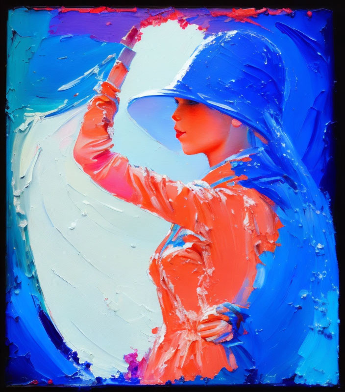 Colorful oil painting: Woman in blue hat and orange attire, profile view